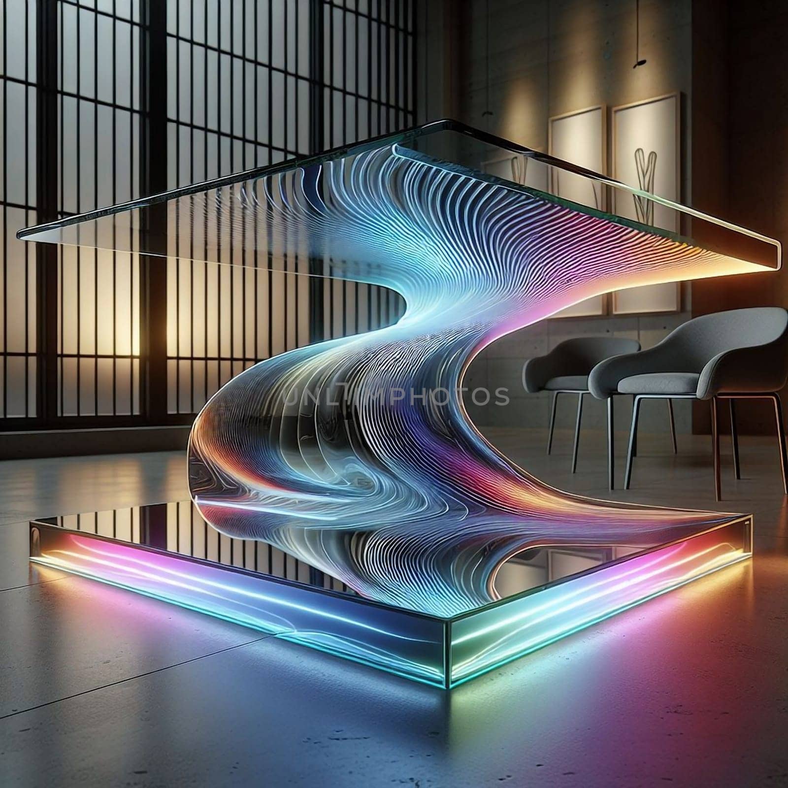 A modern coffee table with a glass top and a swirling, illuminated base, showcasing contemporary furniture design. High quality AI-generated photo.