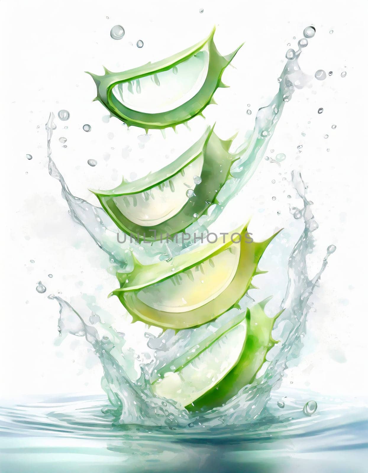 Fresh Aloe Vera Slices Splashing in Water