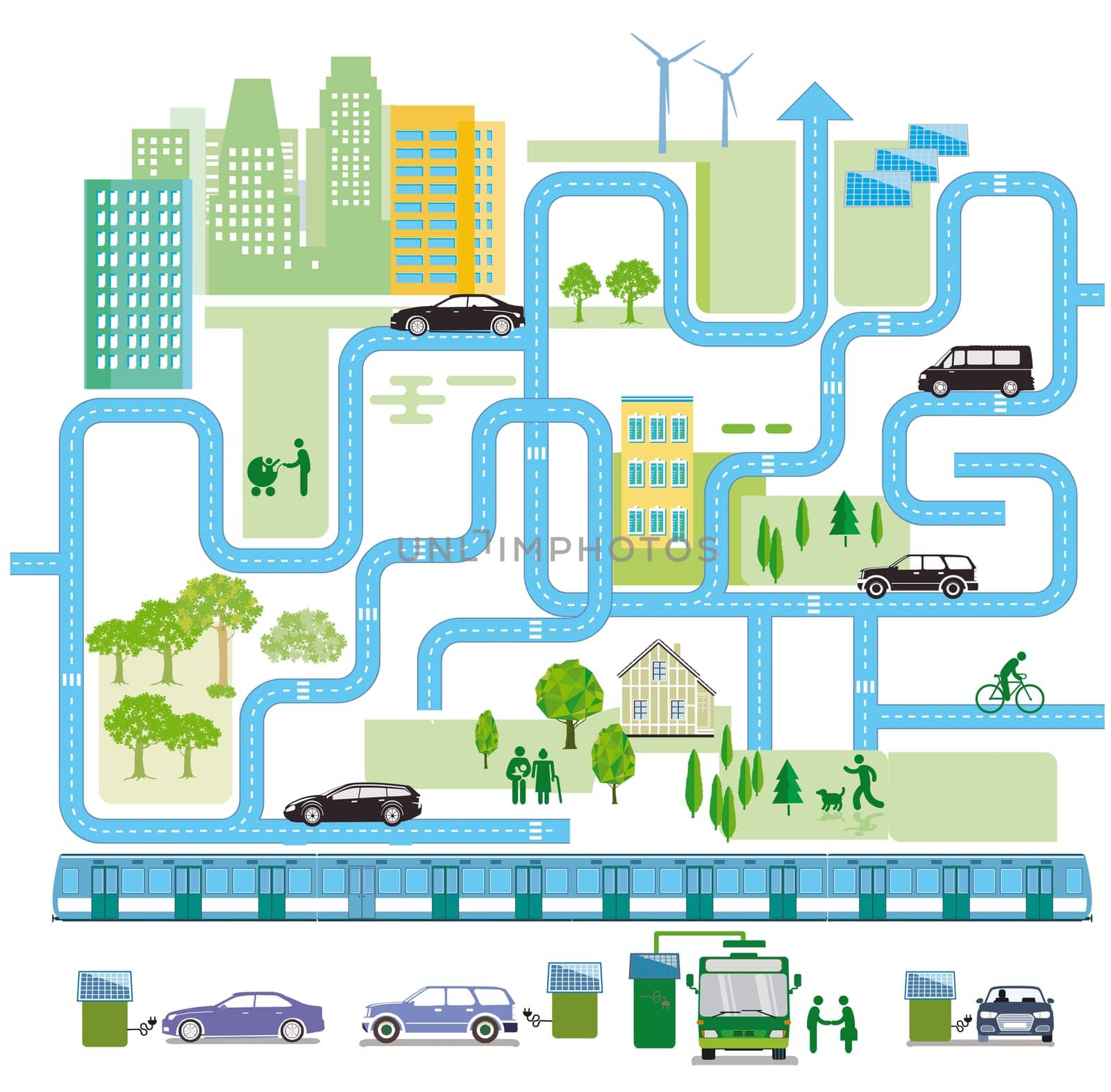 City overview with traffic and houses, information illustration -