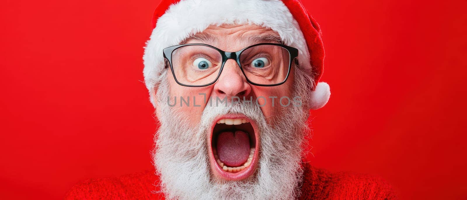 A joyful man wearing a Santa hat and glasses expresses excitement shouting happily in a festive setting with a red background.