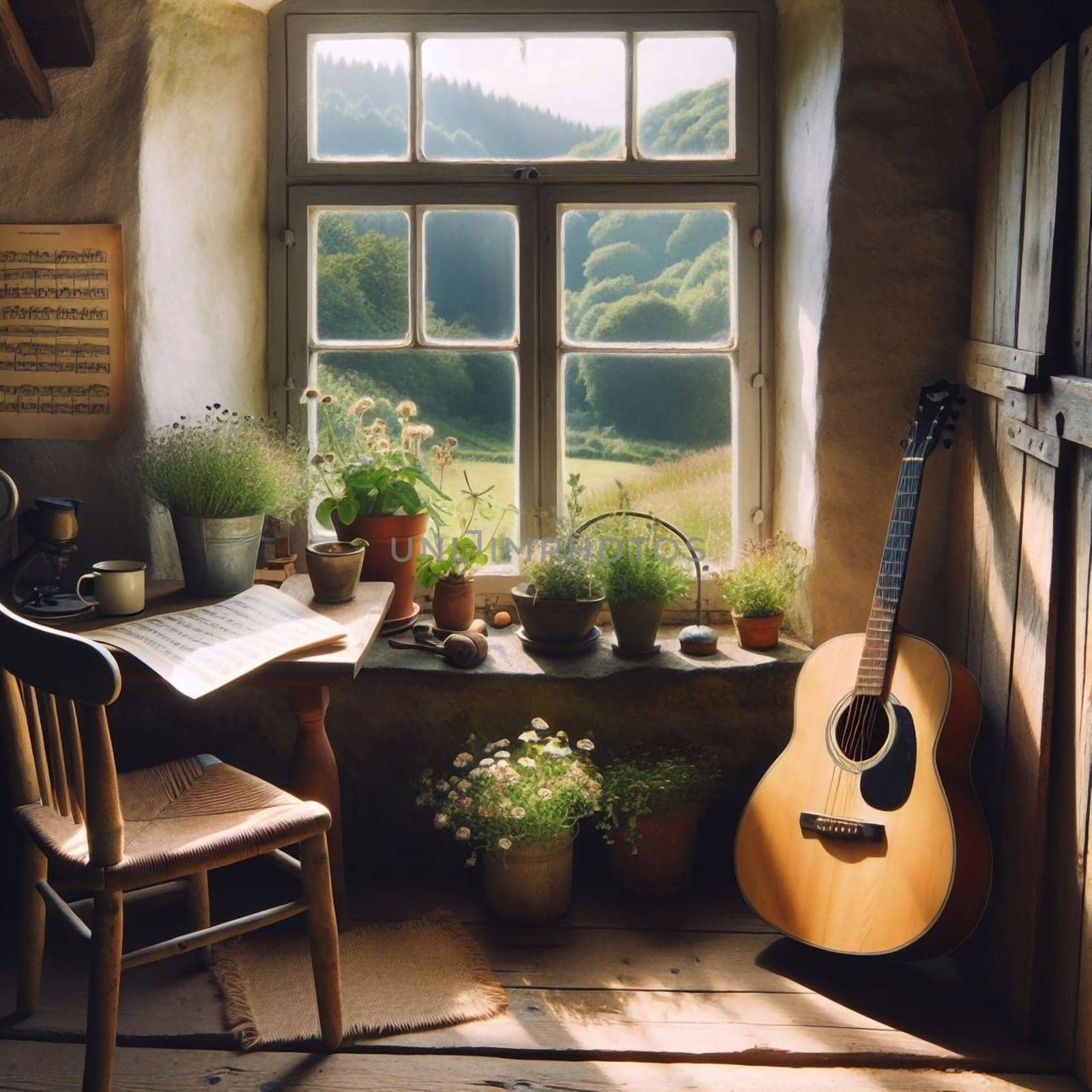 A cozy, rustic room with a large window overlooking a lush green valley. Sunlight streams into the room, illuminating a wooden desk, chair, and guitar. High quality AI-generated photo.