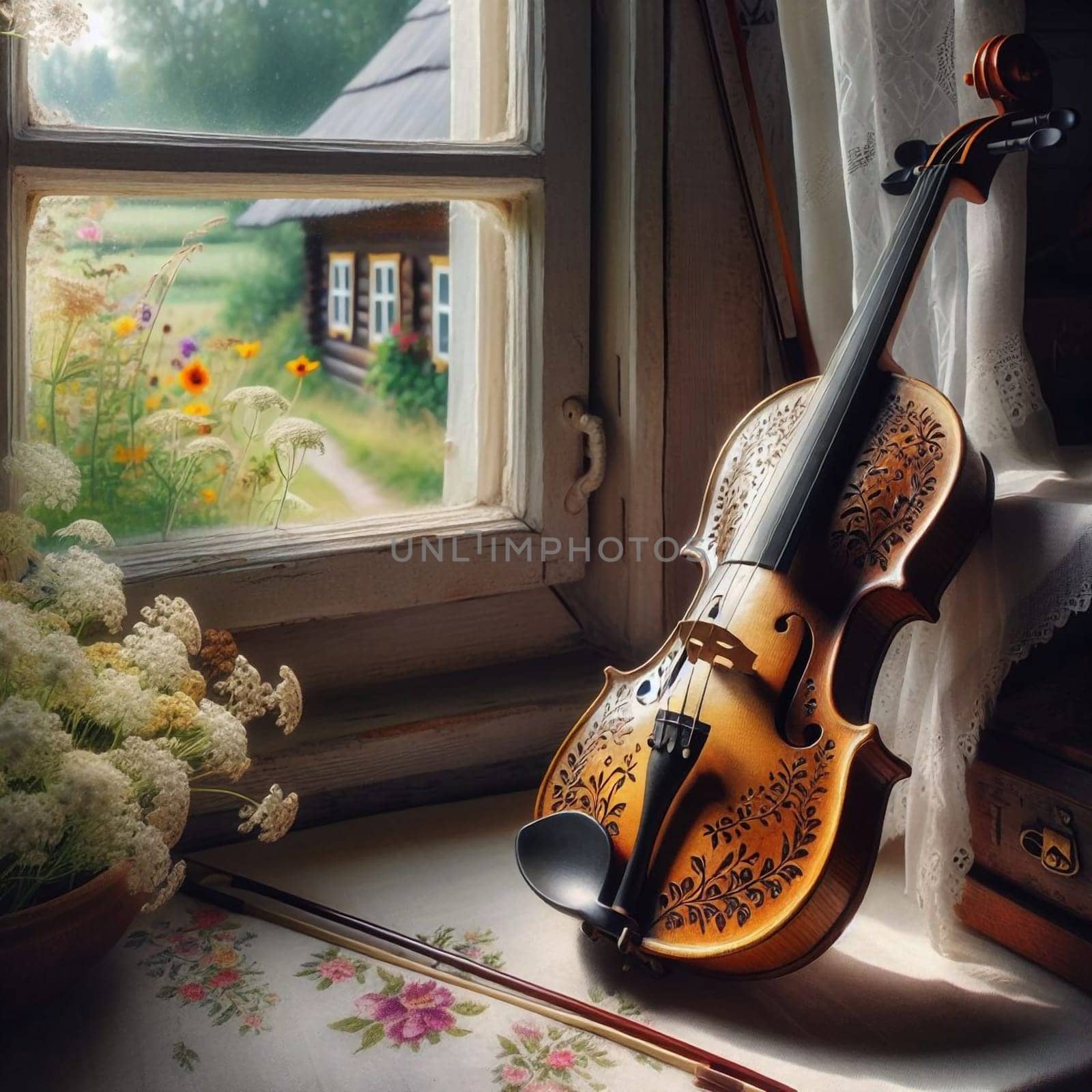 A violin with a hand-painted floral design rests on a windowsill overlooking a rustic countryside scene. High quality AI-generated photo.
