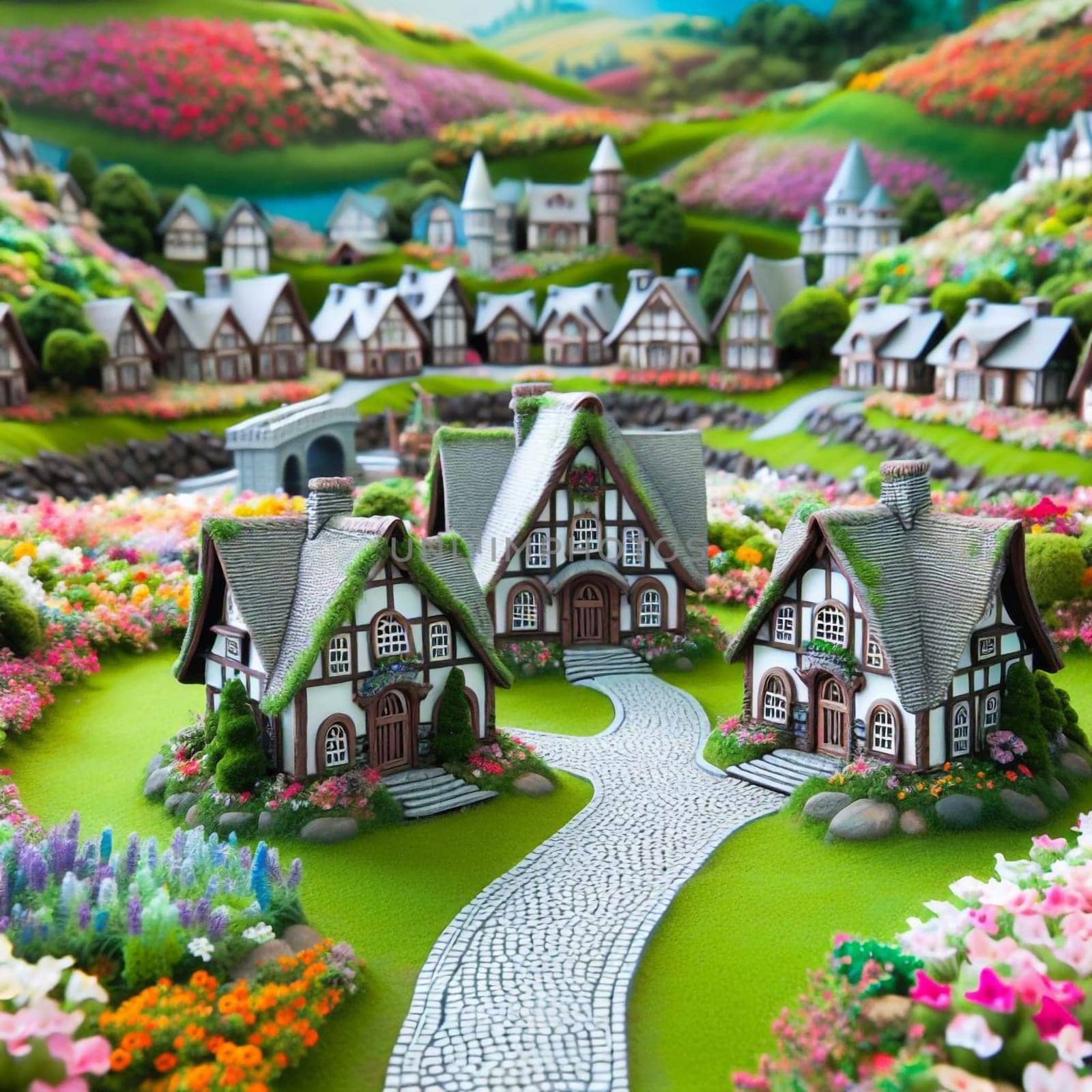 Miniature cottages in a charming village setting with lush gardens and winding stone paths, situated in a picturesque landscape with rolling hills and a lake. High quality AI-generated photo.