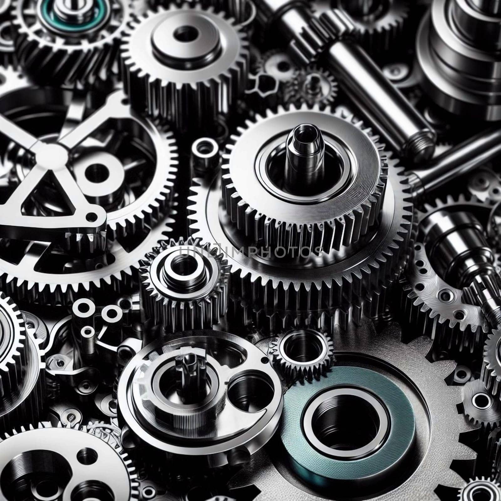 A detailed close-up of an intricate assembly of metallic gears and clockwork components. High quality AI-generated photo.