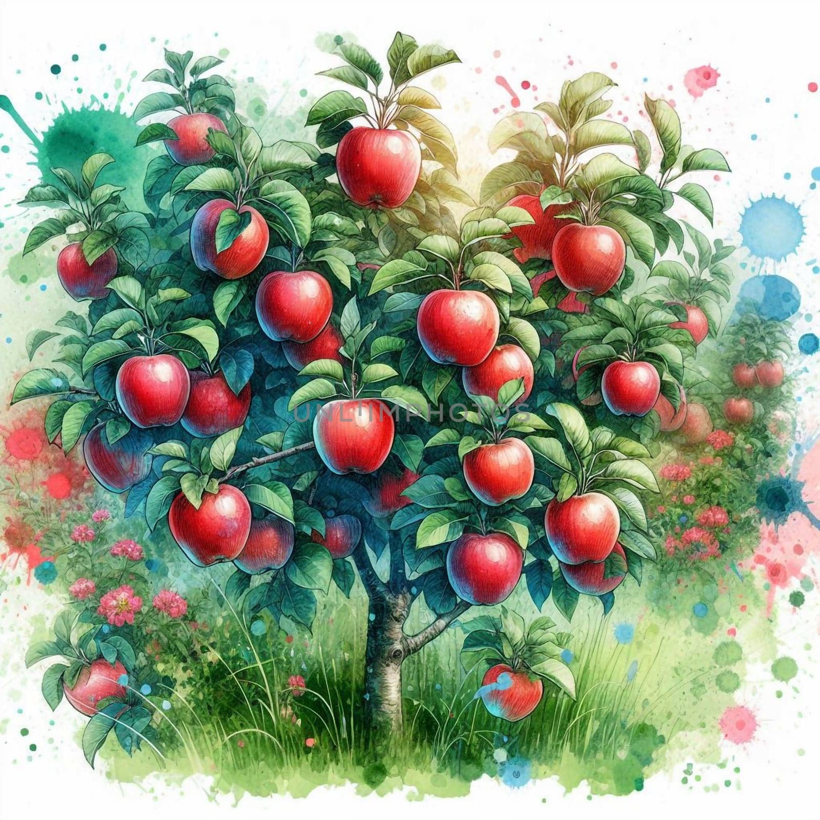 An illustration of an apple tree laden with ripe red apples, set against a watercolor-style background. High quality AI-generated photo.
