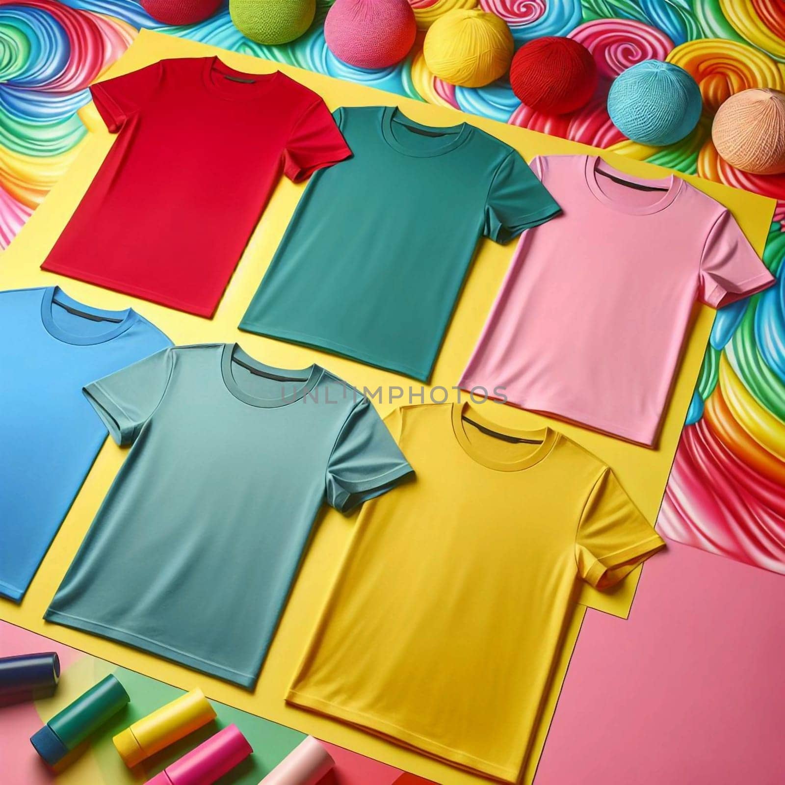 A flat lay image of five colorful t-shirts arranged on a yellow background, surrounded by colorful yarn balls and art supplies. High quality AI-generated photo.