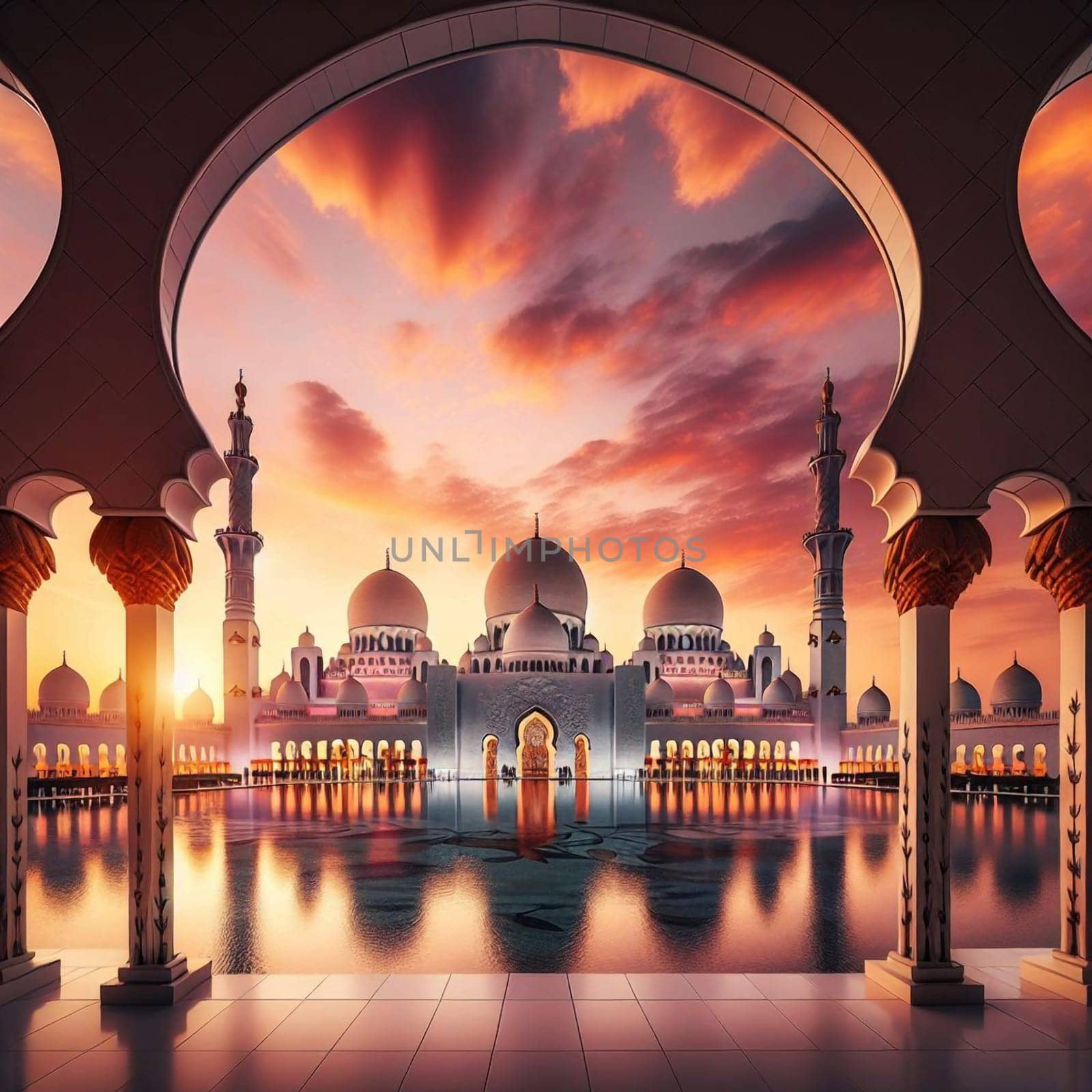 A view of the Sheikh Zayed Grand Mosque in Abu Dhabi, framed by an archway, at sunset. The mosque is reflected in a pool of water. High quality AI-generated photo.