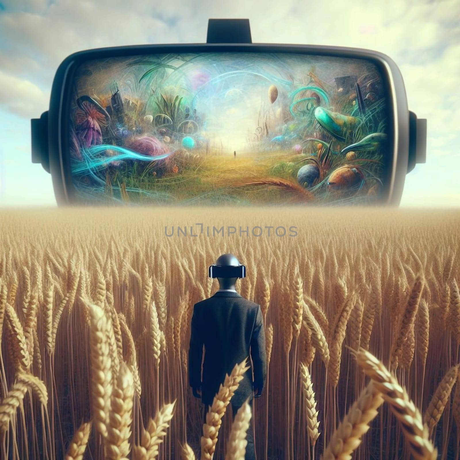 A man wearing a VR headset stands in a wheat field, facing a large VR headset displaying a fantastical virtual landscape. High quality AI-generated photo.