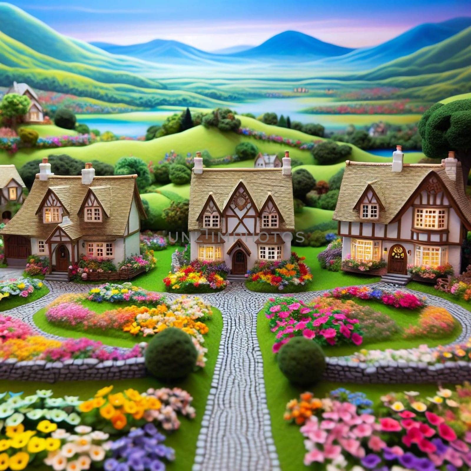 Miniature cottages in a charming village setting with lush gardens and winding stone paths, situated in a picturesque landscape with rolling hills and a lake. High quality AI-generated photo.
