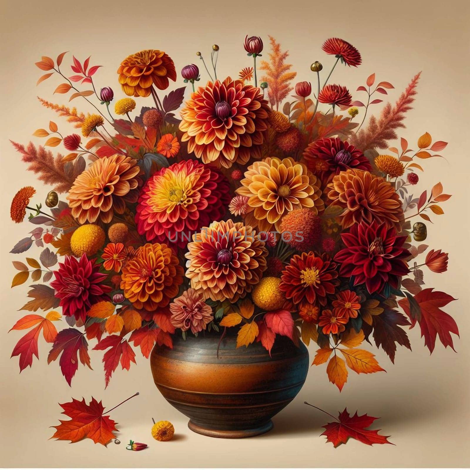 A still life painting or digital artwork depicting a vase of dahlias and other autumnal flowers in warm, rich tones. High quality AI-generated photo.
