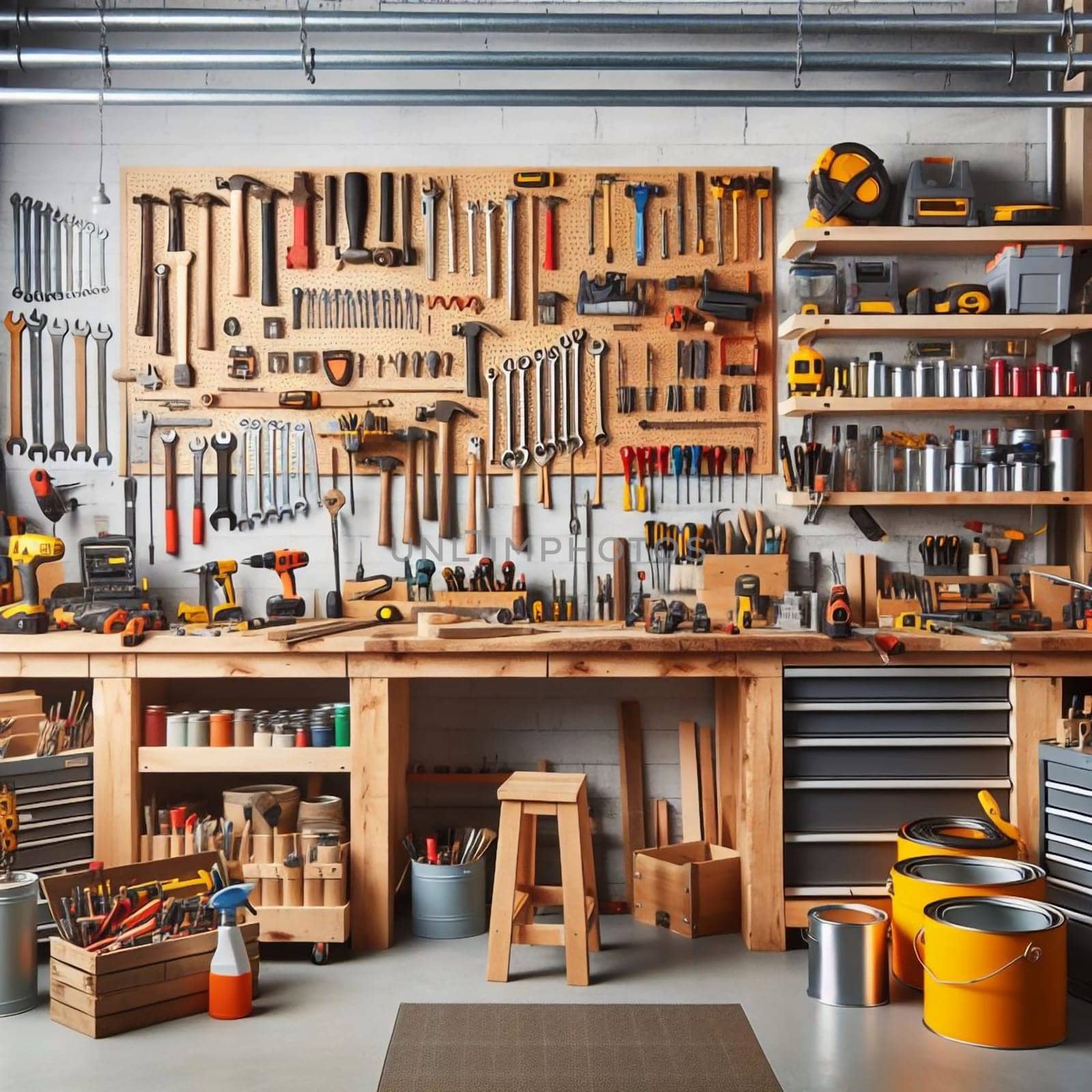 A well-organized workshop with a variety of tools and supplies neatly arranged on shelves and a workbench. High quality AI-generated photo.