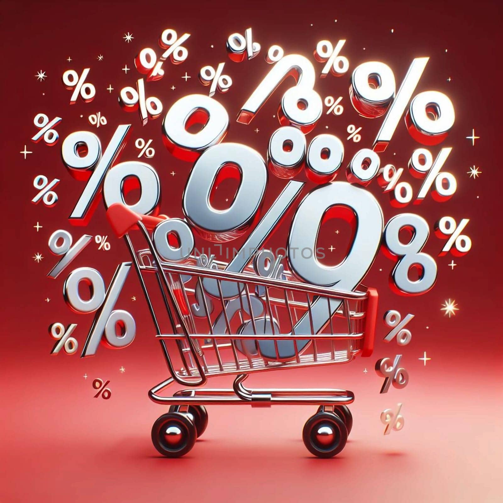 A shopping cart overflowing with large percentage signs, set against a red background. High quality AI-generated photo.