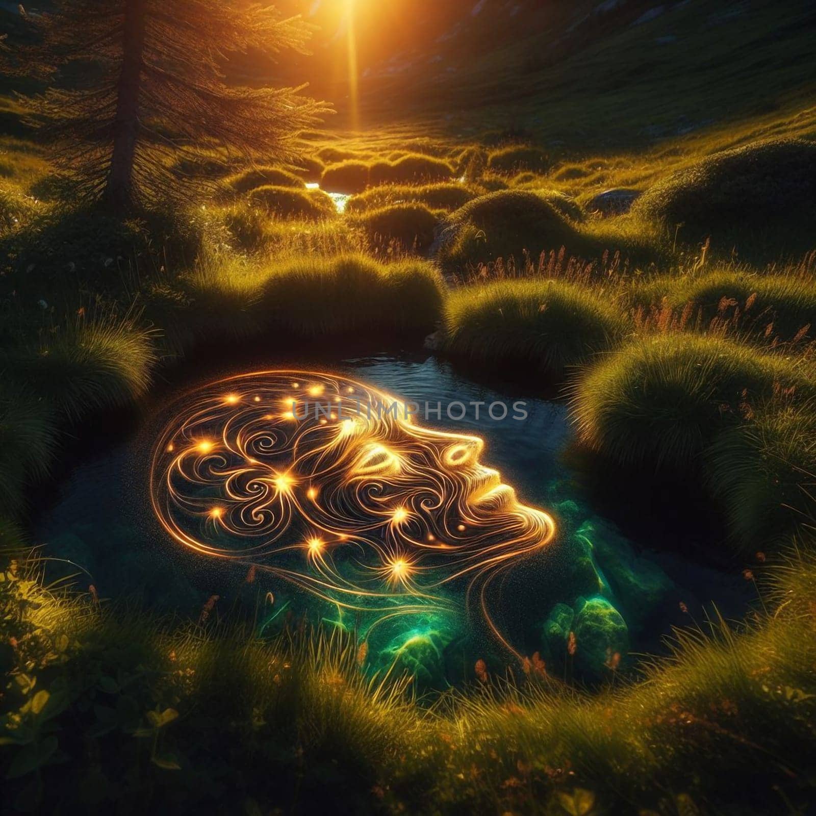 A stylized image of a luminous face appearing in a tranquil pond at sunset. The face is formed from glowing lines and stars. High quality AI-generated photo.