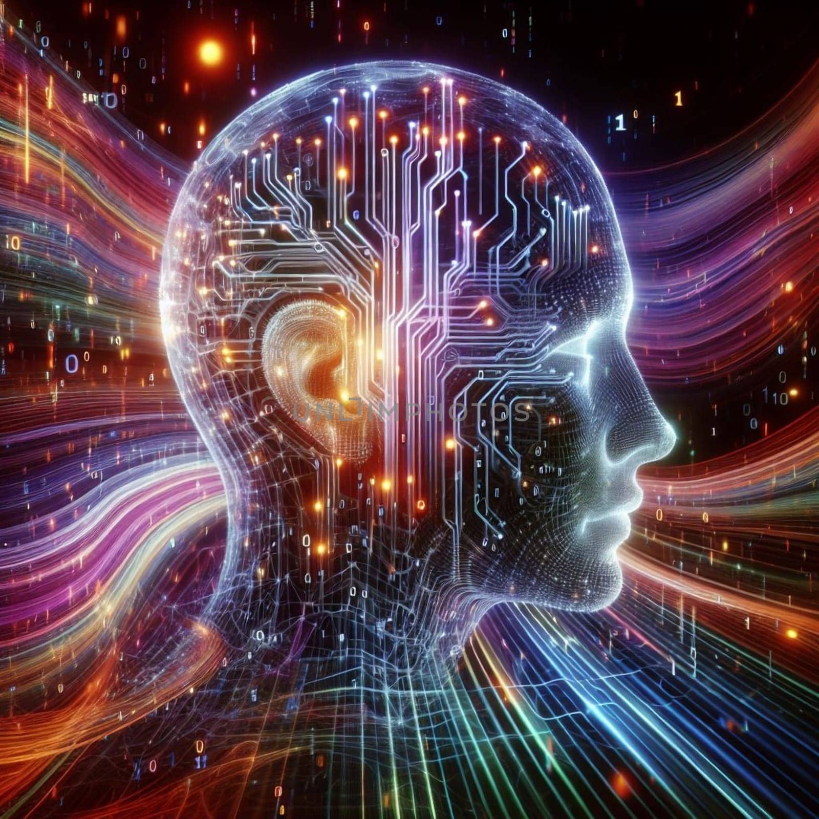A stylized illustration of a human head overlaid with circuit board patterns, set against a dynamic background of colorful lines and binary code. High quality AI-generated photo.