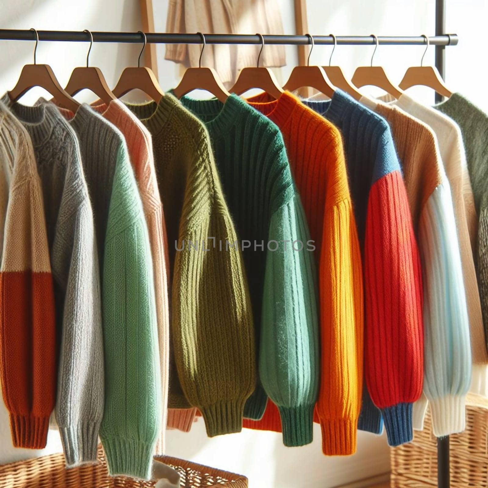 A collection of colorful knitted sweaters hanging on a clothes rack. High quality AI-generated photo.