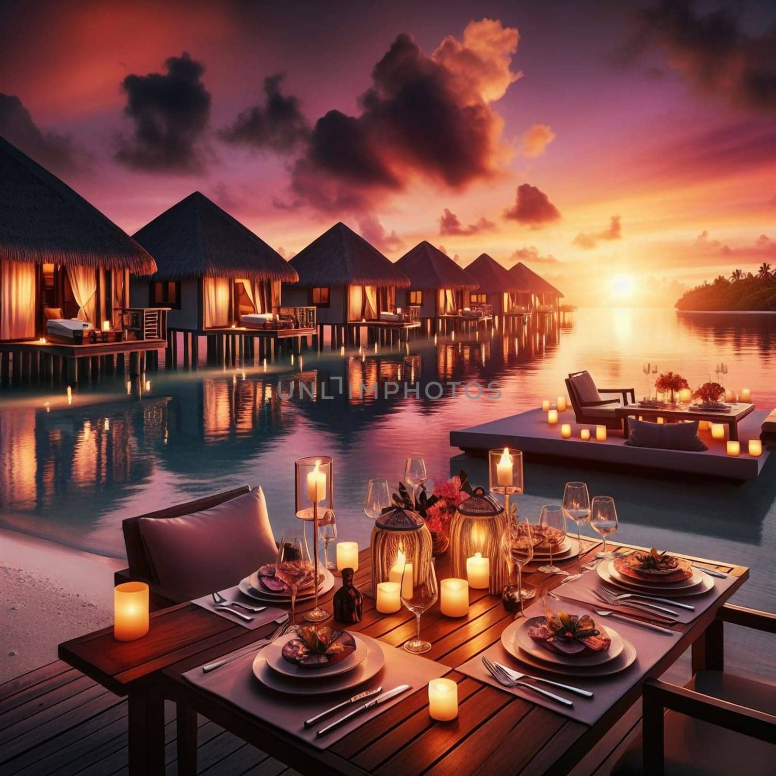 An idyllic scene of overwater bungalows at sunset, with a romantic dinner setting on a deck overlooking the water. High quality AI-generated photo.