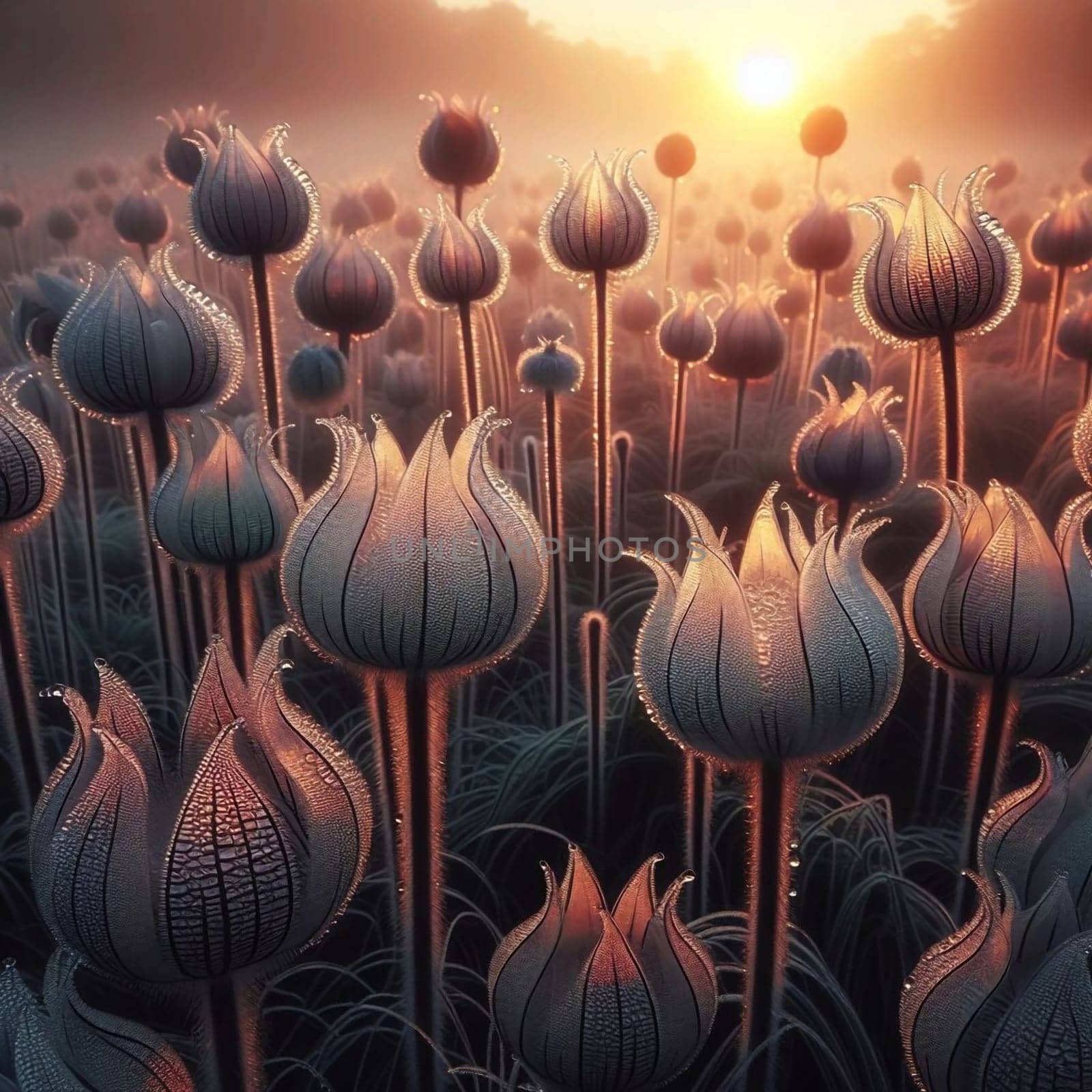 A field of stylized, translucent flowers with dew drops, illuminated by the rising sun. High quality AI-generated photo.