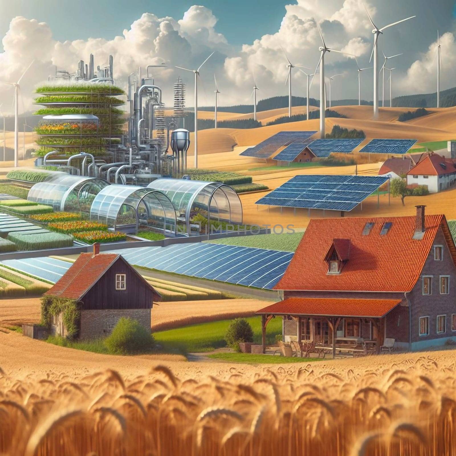 An illustration of a futuristic sustainable farm, combining traditional agriculture with modern technology and renewable energy sources. High quality AI-generated photo.