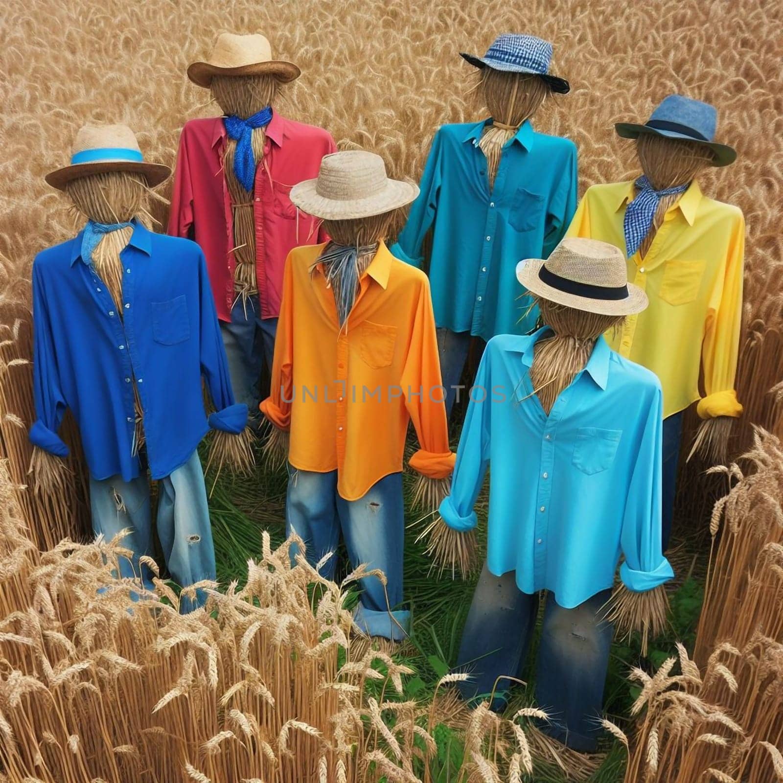 Seven scarecrows dressed in colorful shirts and hats standing in a wheat field. High quality AI-generated photo.