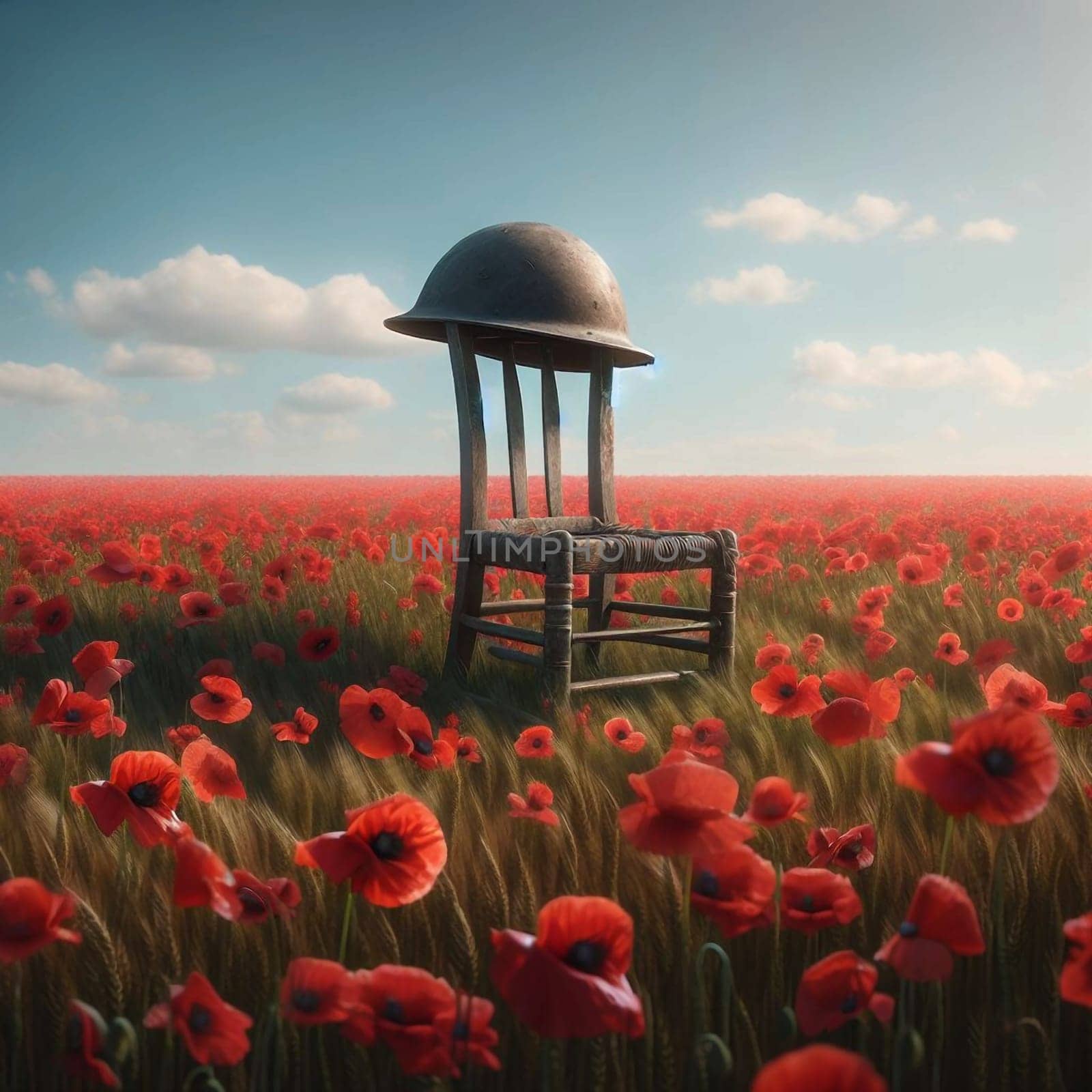 A vintage wooden chair with a military helmet resting on it, situated in a field of red poppies. High quality AI-generated photo.