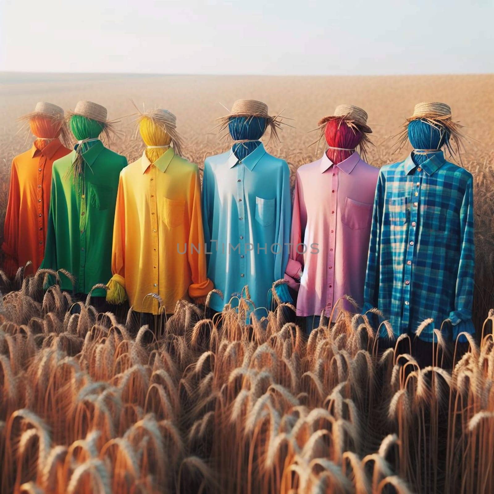 Six scarecrows dressed in brightly colored shirts standing in a wheat field. High quality AI-generated photo.