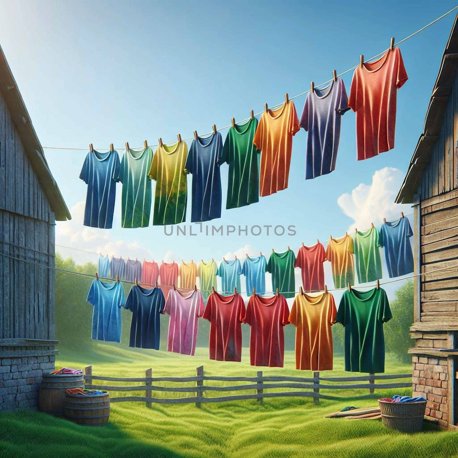 Colorful t-shirts hanging on a clothesline between two barns in a sunny rural setting. High quality AI-generated photo.