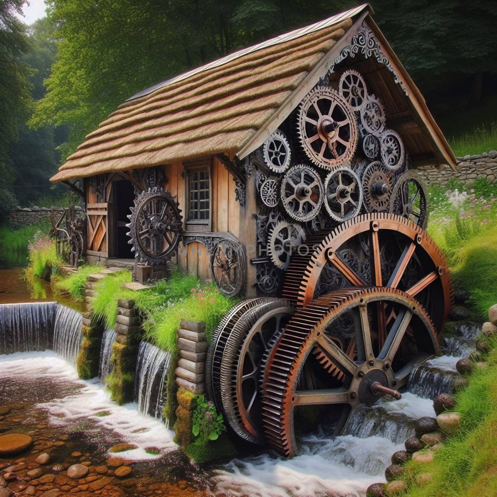 A whimsical water mill with large gears and cogs on its exterior, located in a lush green setting with a waterfall. High quality AI-generated photo.
