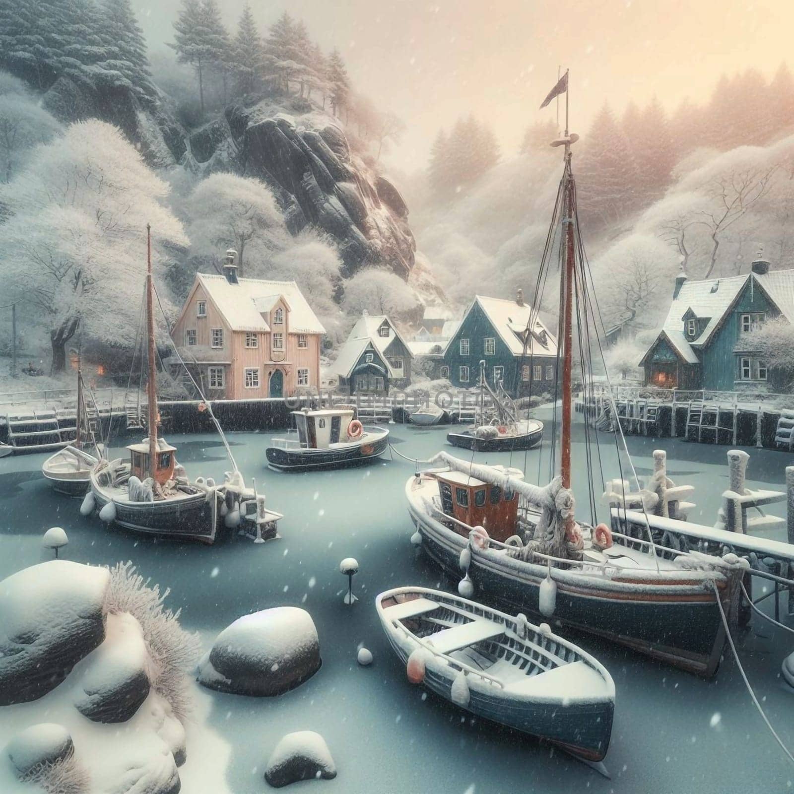 A quaint fishing village nestled in a snow-covered cove, with boats and houses covered in snow. High quality AI-generated photo.