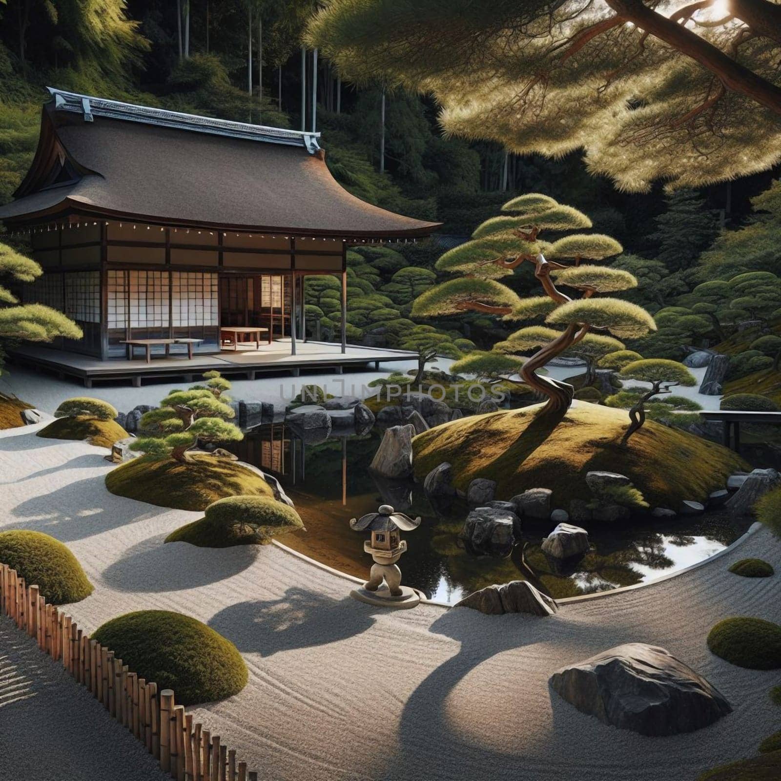 A traditional Japanese zen garden with a teahouse, pond, meticulously raked gravel, and pruned trees. High quality AI-generated photo.