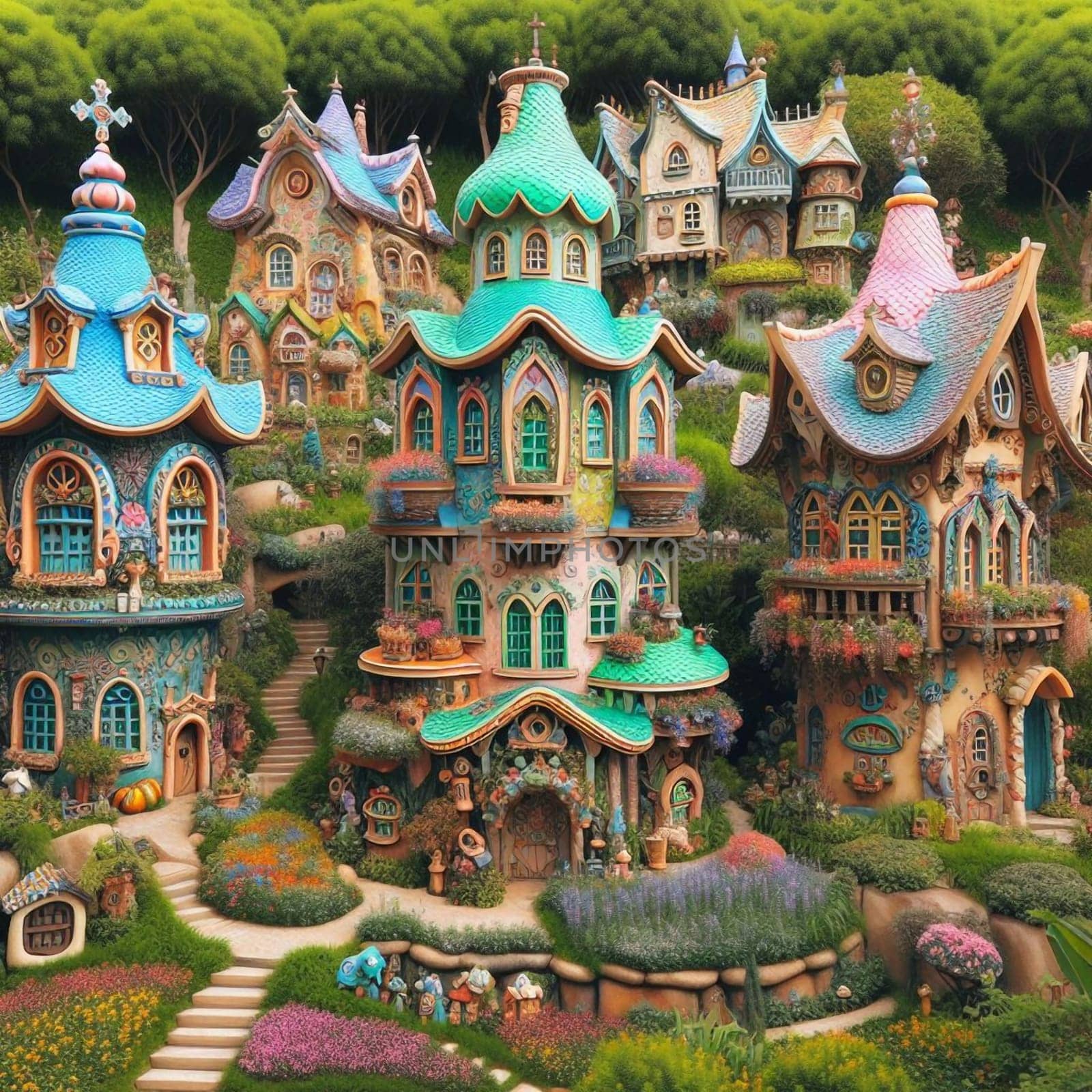 A collection of colorful, whimsical houses clustered together on a hillside, with lush gardens and flowers. High quality AI-generated photo.