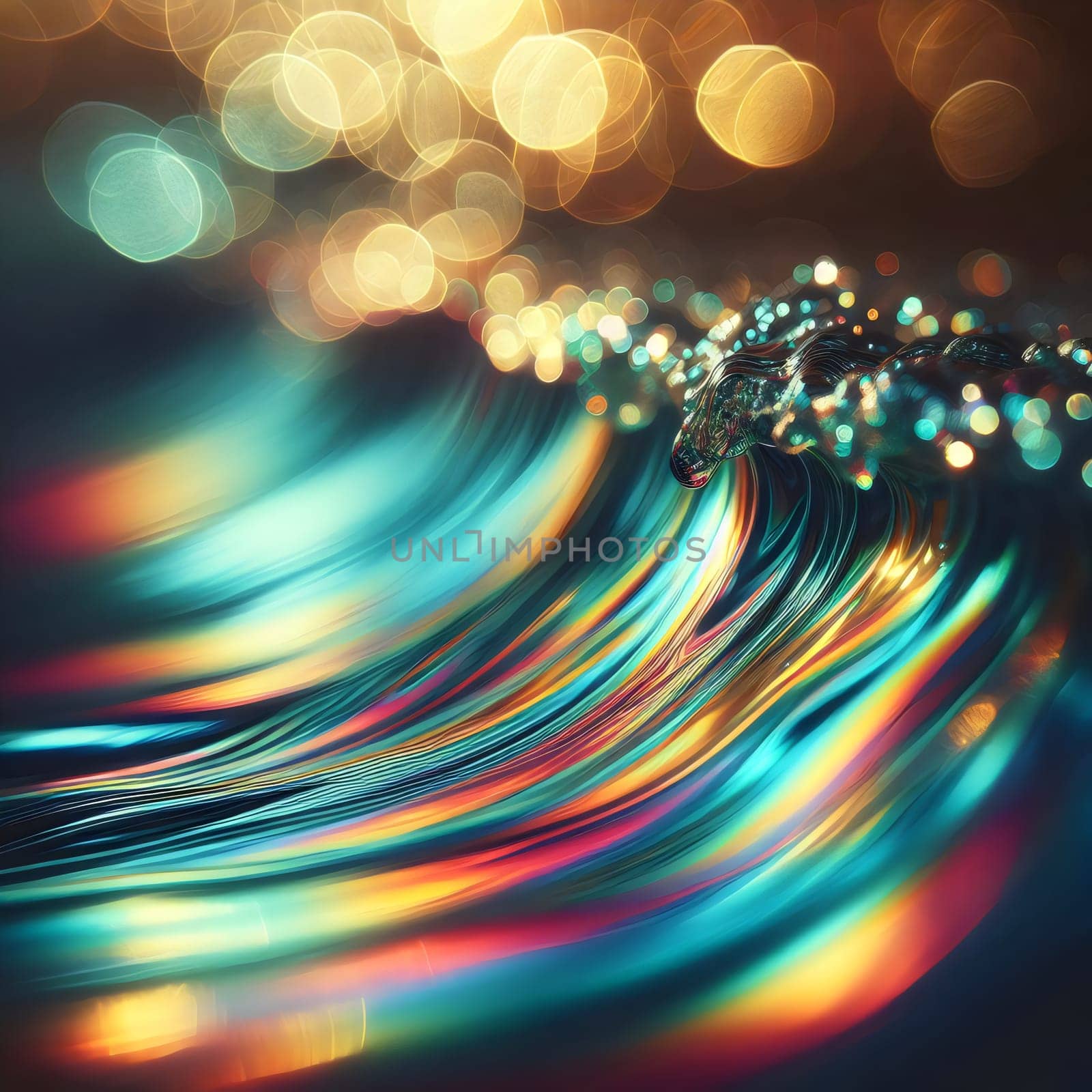 Abstract image of stylized waves with iridescent, multicolored sheen, set against a bokeh background of warm golden and cool teal lights. High quality AI-generated photo.