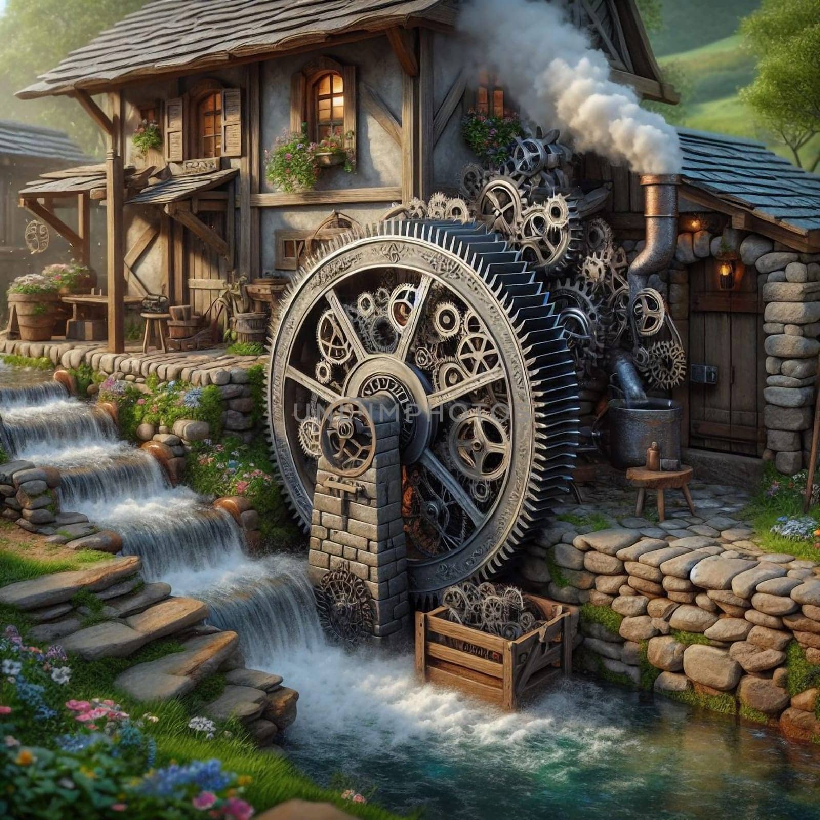 A whimsical water mill with large gears and cogs on its exterior, located in a lush green setting with a waterfall. A small cottage sits next to it. High quality AI-generated photo.
