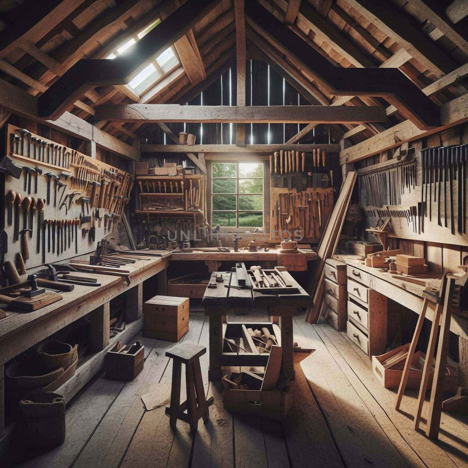 The interior of a rustic woodworking shop, filled with various tools and woodworking materials. Sunlight streams in through a window. High quality AI-generated photo.