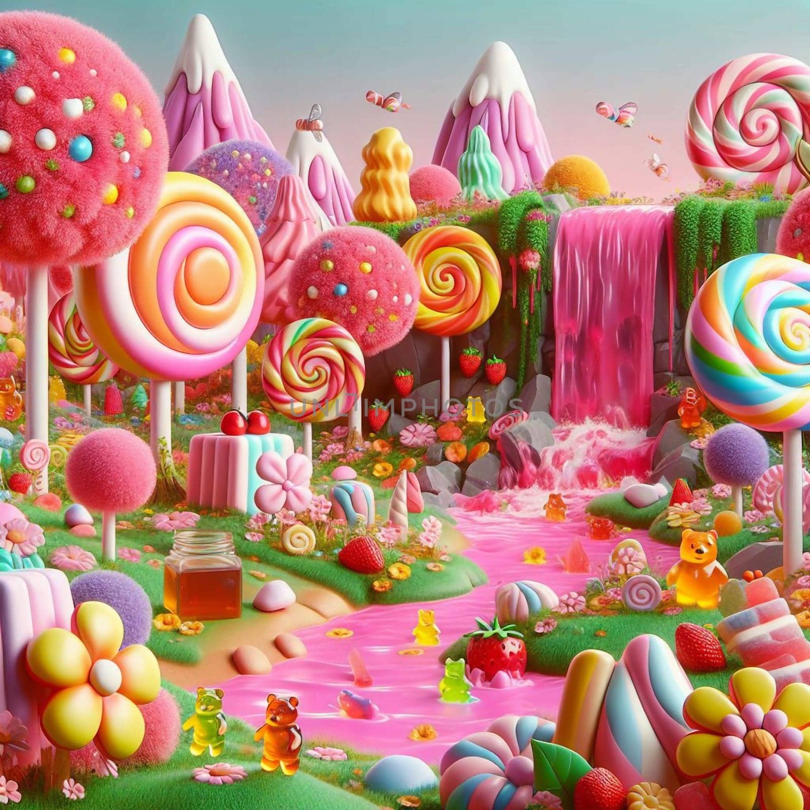 A whimsical candy landscape with candy trees, gummy bears, and a river of pink liquid. High quality AI-generated photo.