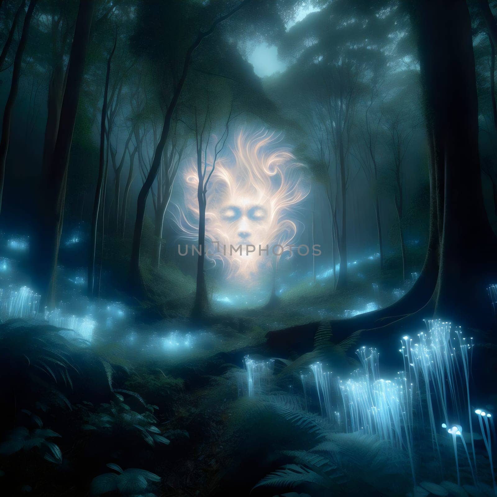 A mystical forest scene with a glowing ethereal face appearing in the center, surrounded by glowing flora. High quality AI-generated photo.