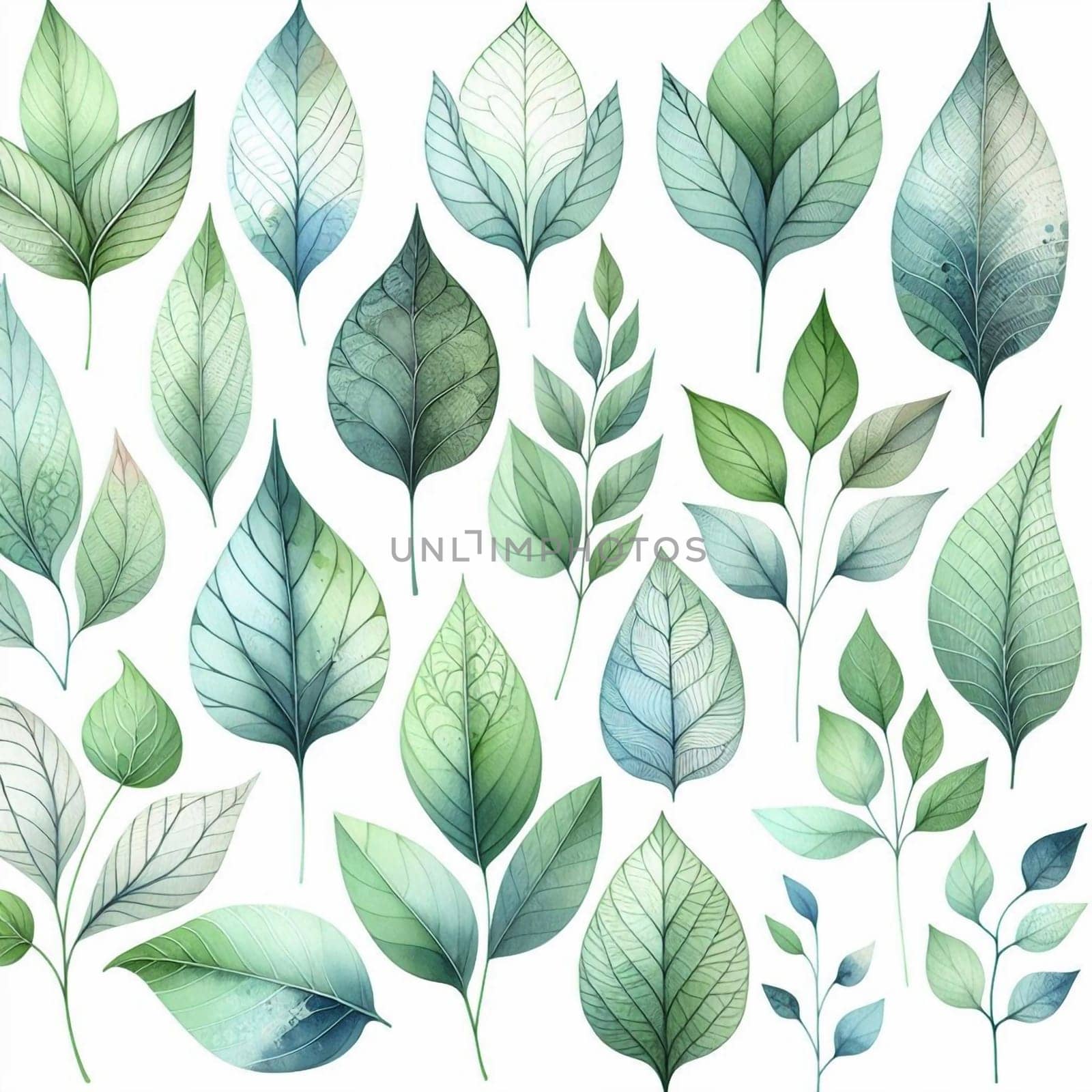 A collection of watercolor-style leaves in varying shades of green and blue-green, isolated on a white background. High quality AI-generated photo.