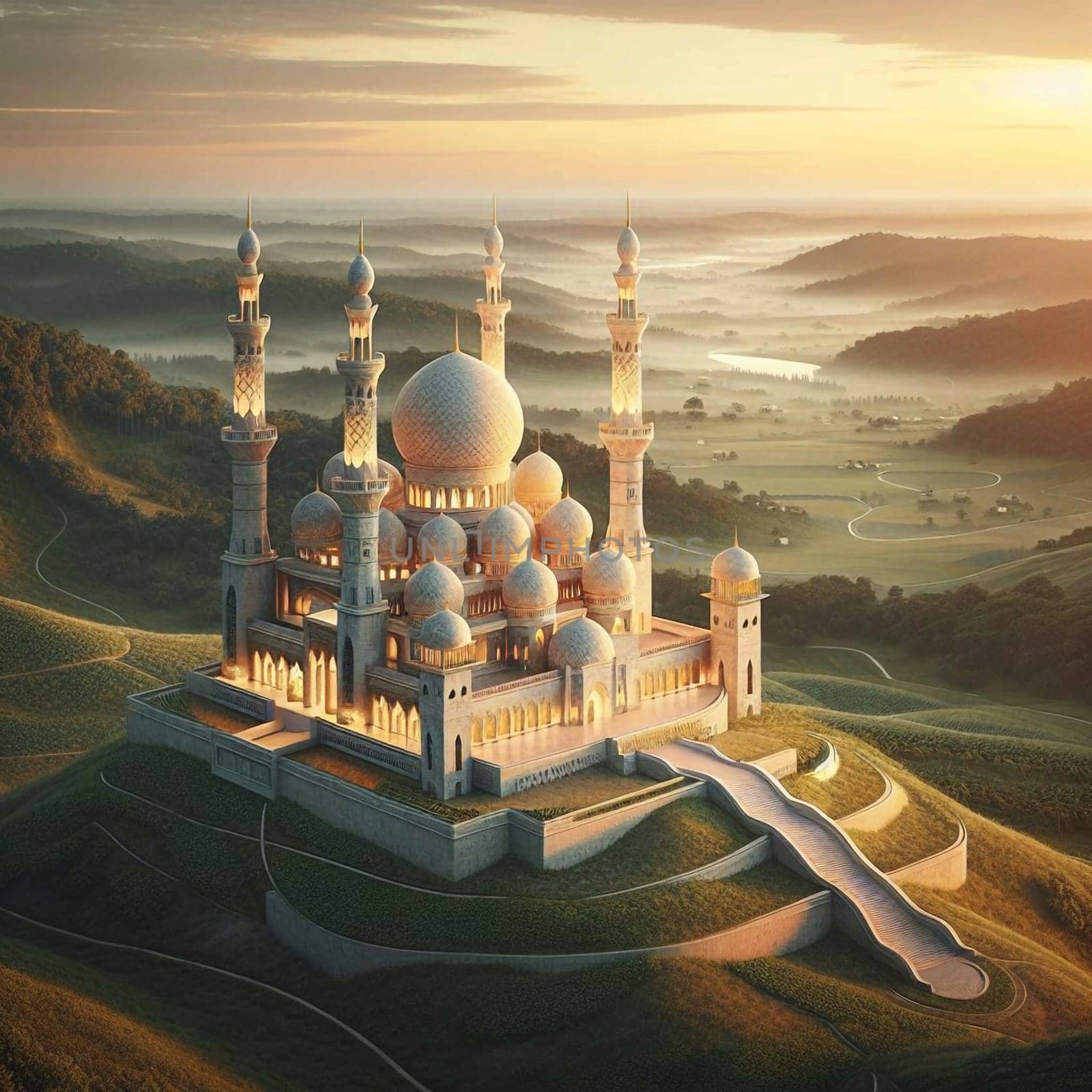 An aerial view of a large, ornate mosque situated on a hilltop overlooking a lush green landscape. High quality AI-generated photo.