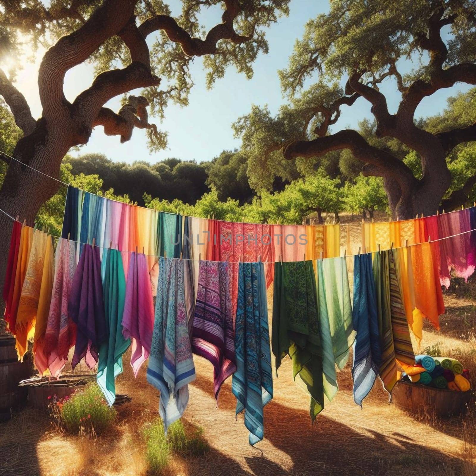 Colorful textiles, sarongs, and towels hanging on a clothesline between two large trees in a sunny outdoor setting. High quality AI-generated photo.