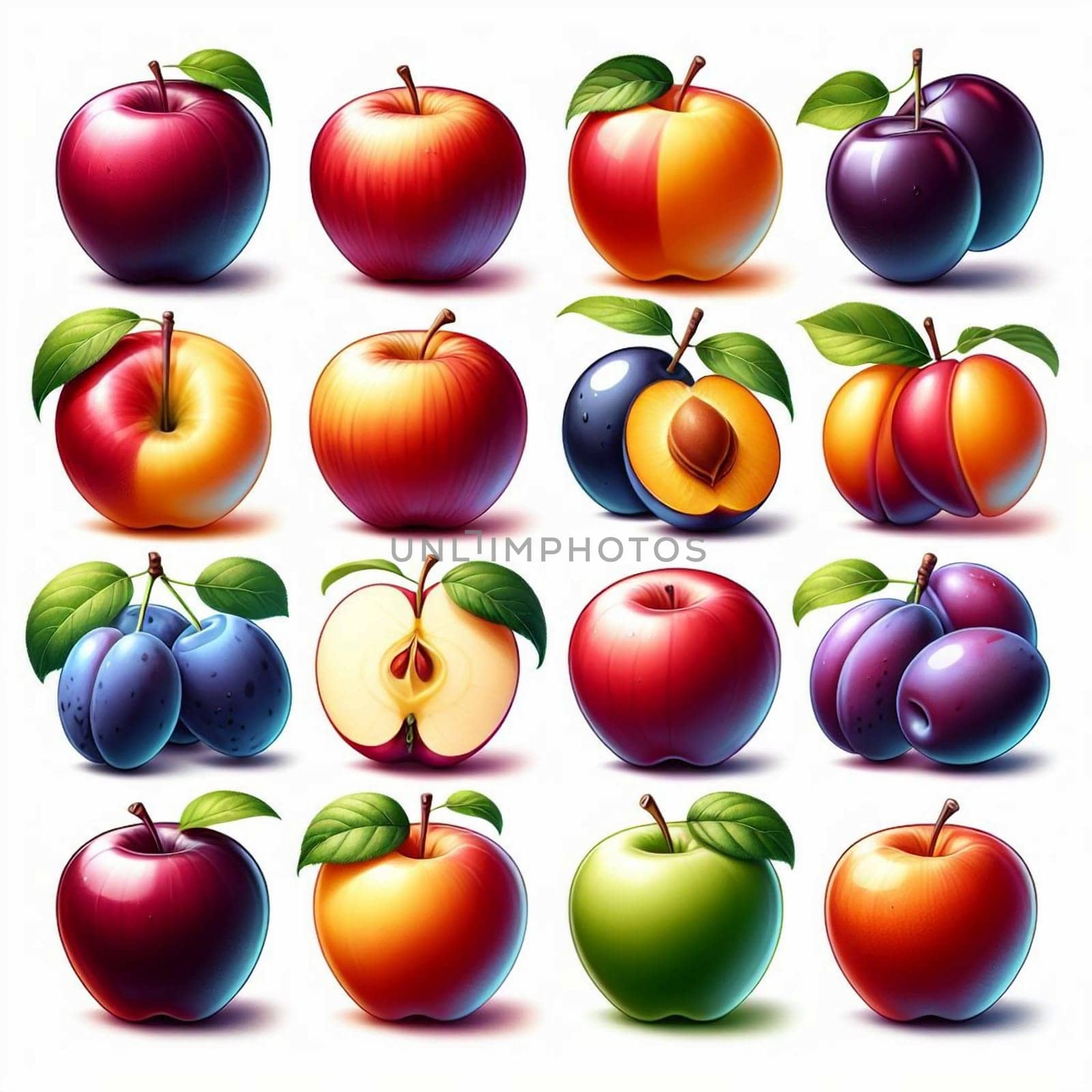 A collection of apples, plums, and peaches in various colors and arrangements, presented against a white background. High quality AI-generated photo.