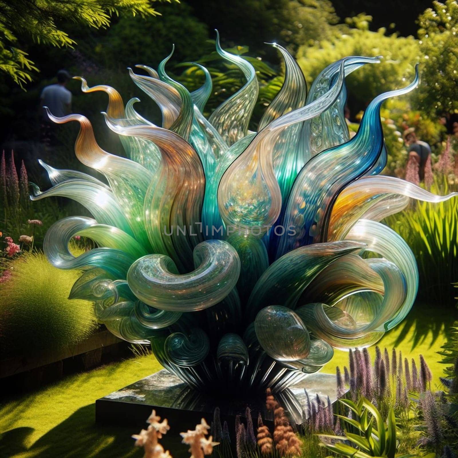 A large glass sculpture resembling a fiery plant, displayed outdoors in a garden setting. High quality AI-generated photo.