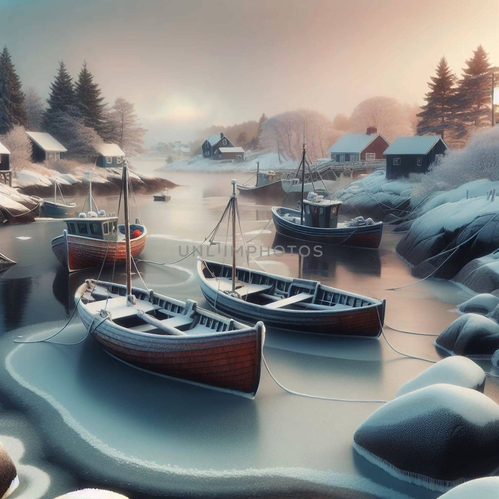 A serene winter scene of fishing boats in a snow-covered harbor, with houses visible in the background. High quality AI-generated photo.