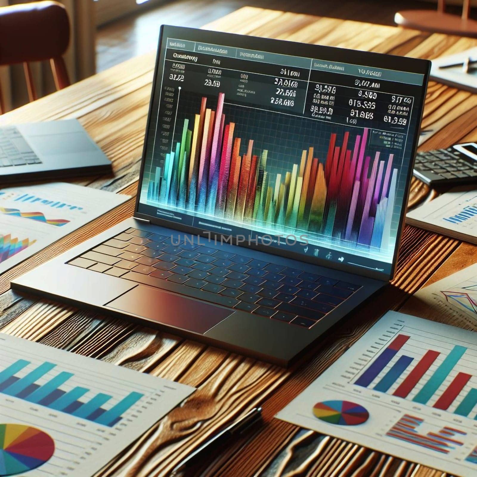 A laptop displaying colorful data charts and graphs sits on a wooden desk surrounded by other financial documents and office supplies. High quality AI-generated photo.