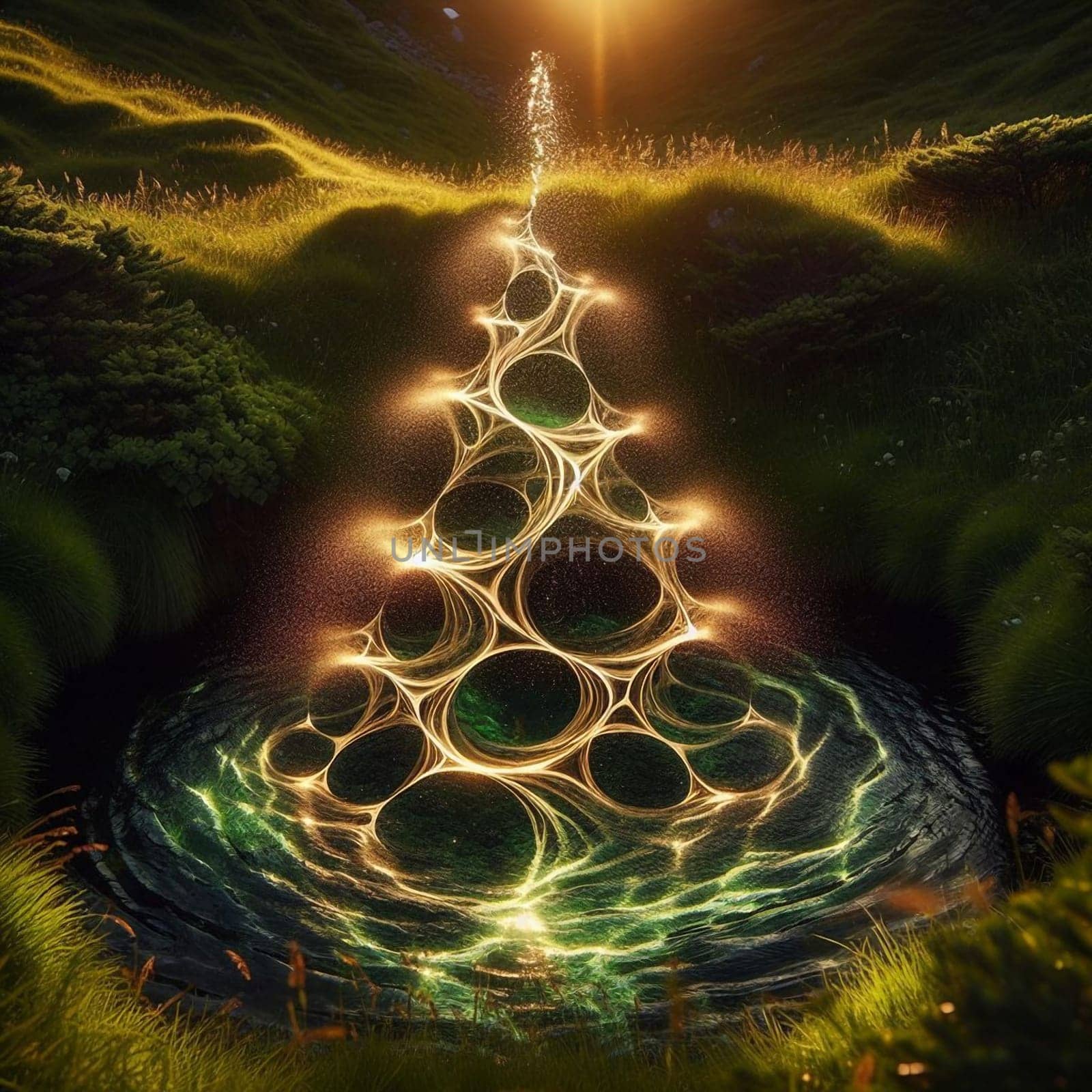 A stylized image of a luminous tree-shaped structure emerging from a pond at sunset, set in a lush green landscape. High quality AI-generated photo.
