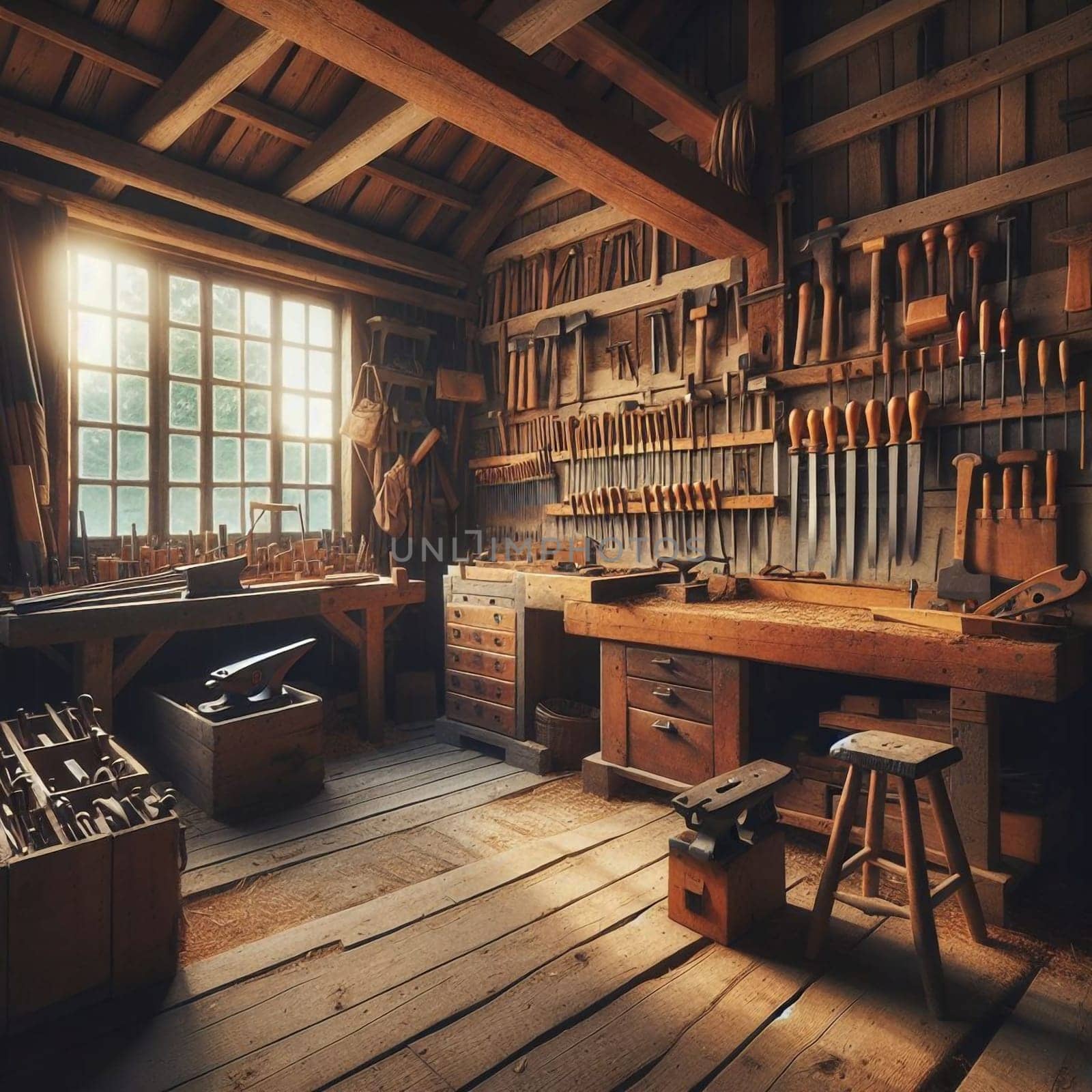 The interior of a rustic woodworking shop, filled with various tools and woodworking materials. Sunlight streams in through a window. High quality AI-generated photo.