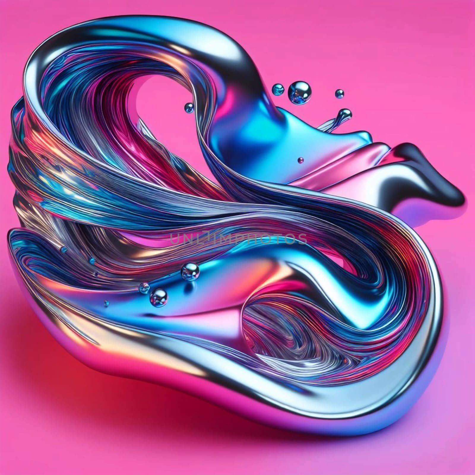 Abstract 3D rendering of a dynamic, flowing metallic form in iridescent blue, pink, and silver hues, with small spheres interspersed. High quality AI-generated photo.