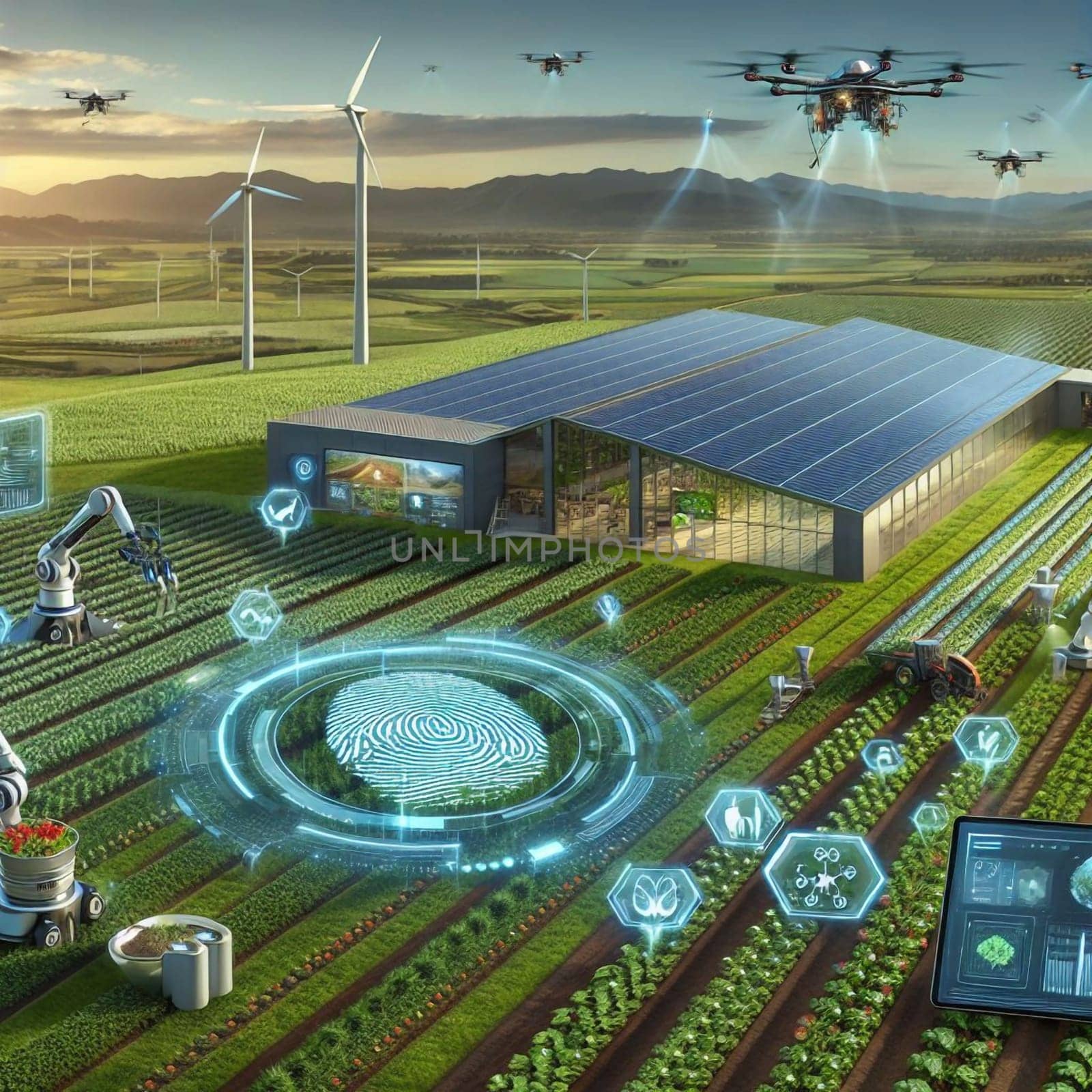 An illustration depicting a futuristic smart farm, showcasing technological advancements in agriculture, including drones, robots, solar panels, and data analysis. High quality AI-generated photo.