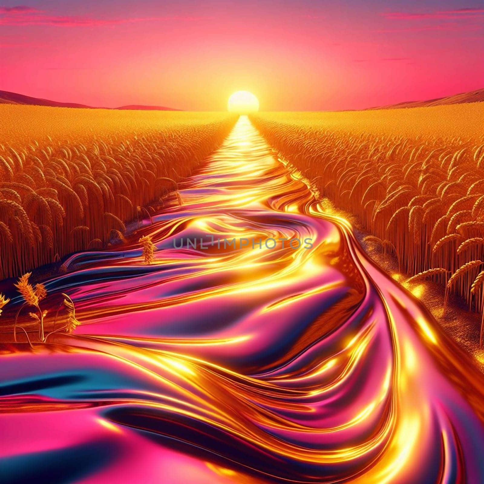 An abstract image of a golden, metallic river flowing through a field of wheat at sunset. High quality AI-generated photo.