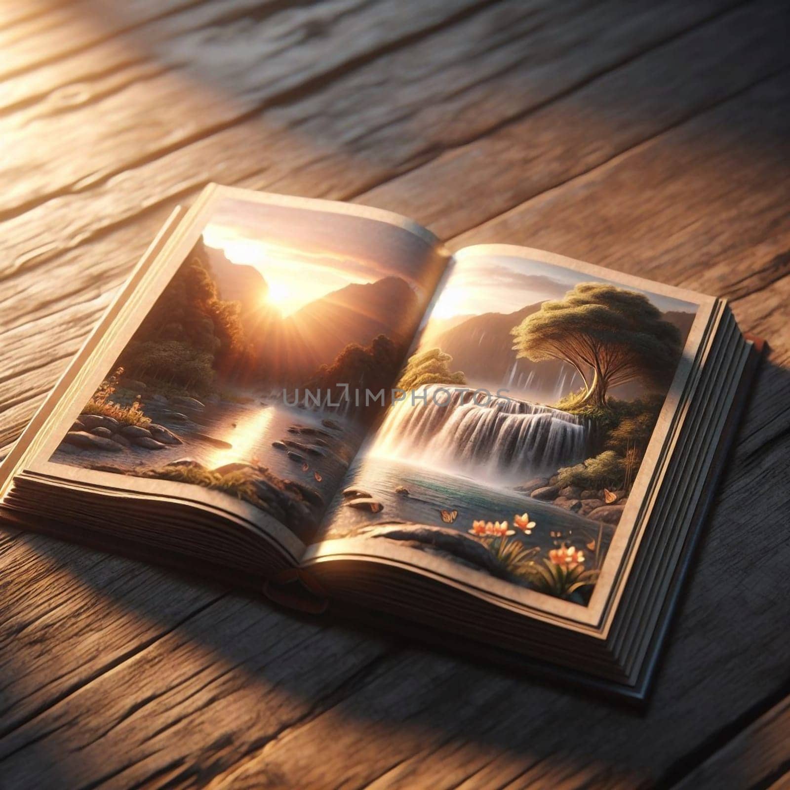 An open book revealing a fantastical landscape with a waterfall and lush greenery at sunset. High quality AI-generated photo.