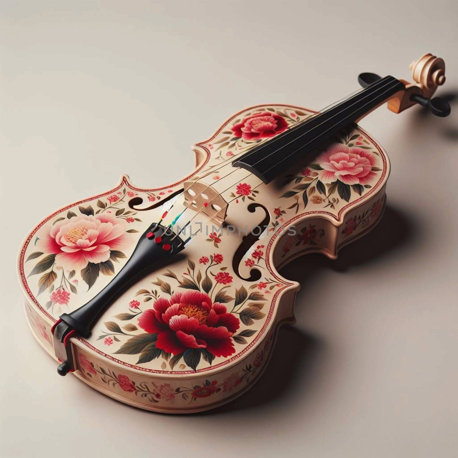 A violin with a hand-painted floral design featuring peonies and other flowers, displayed against a neutral background. High quality AI-generated photo.