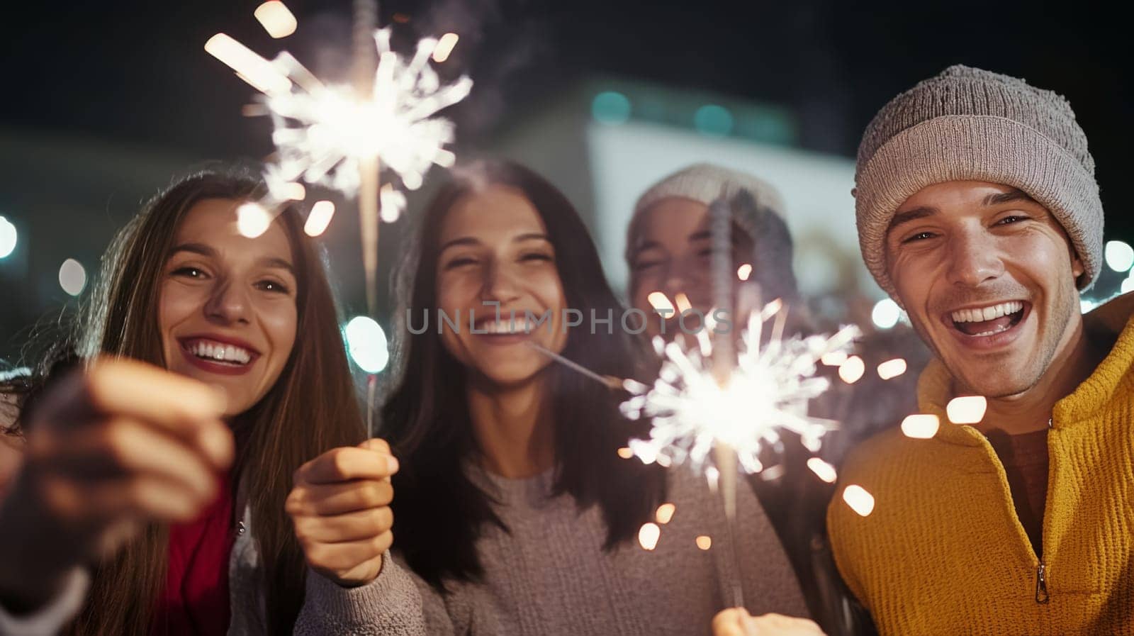 Group of multiracial adults celebrating New Year with sparklers outdoors, joyful winter scene, AI generated
